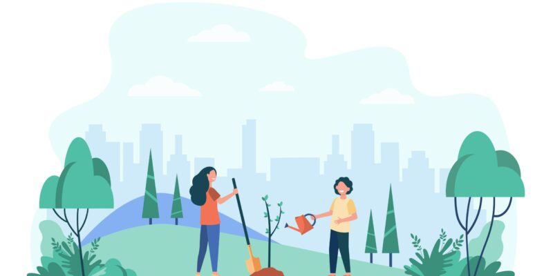 Kids planting tree in city park. Children with gardening tools working with green plants outdoors. Vector illustration for environment protection, gardening education concept